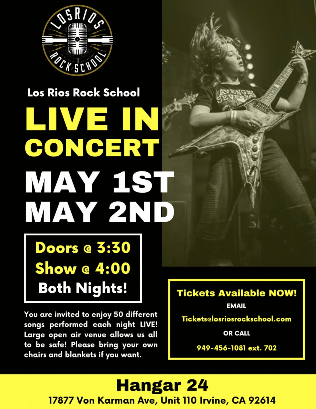 Concert poster: black and yellow, with a black-and-white photograph of a student playing a star-shaped electric guitar