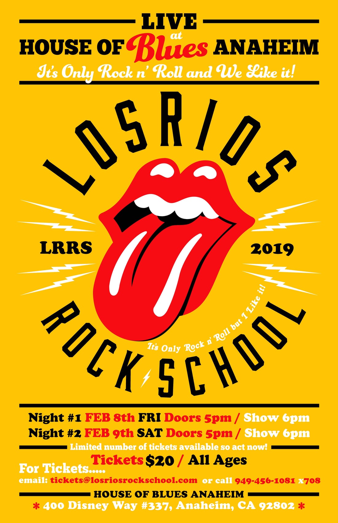 Concert poster: chrome yellow ground, a red tongue-and-lips mark ringed by the words LOS RIOS ROCK SCHOOL in black woodtype