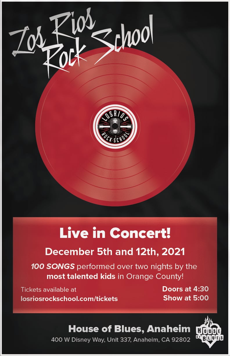 Concert poster: a red vinyl record on black with the Los Rios roundel as its label, and slashed handwritten lettering above