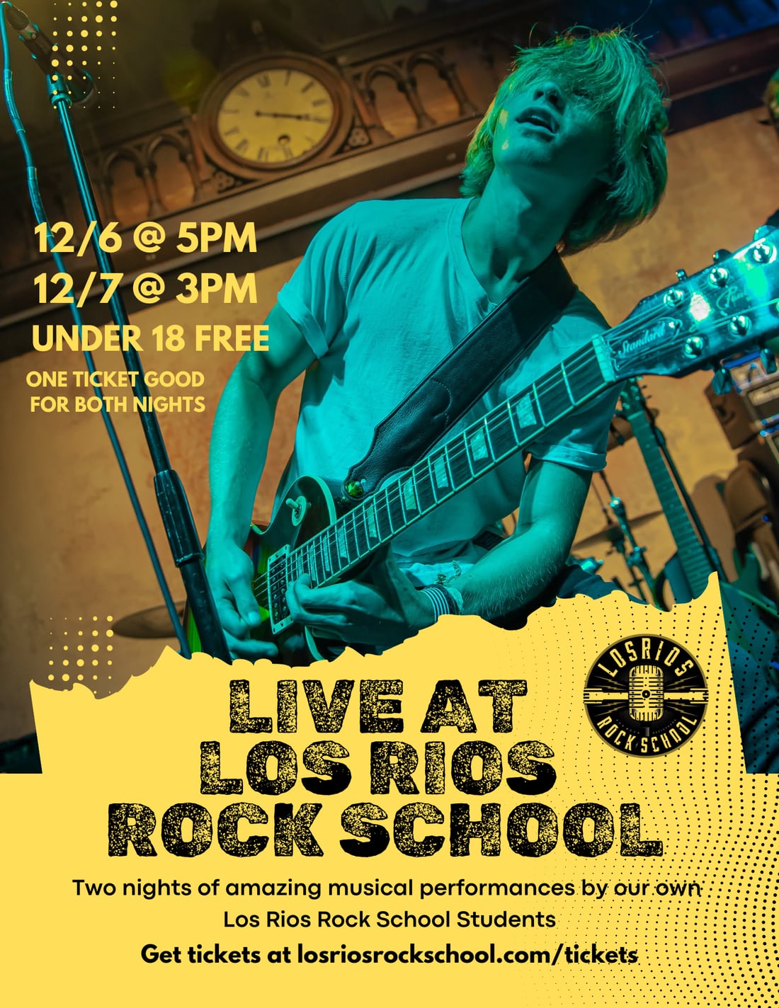 Concert poster: a teal-and-yellow duotone photograph of a student mid-solo on a Les Paul, over a torn yellow band