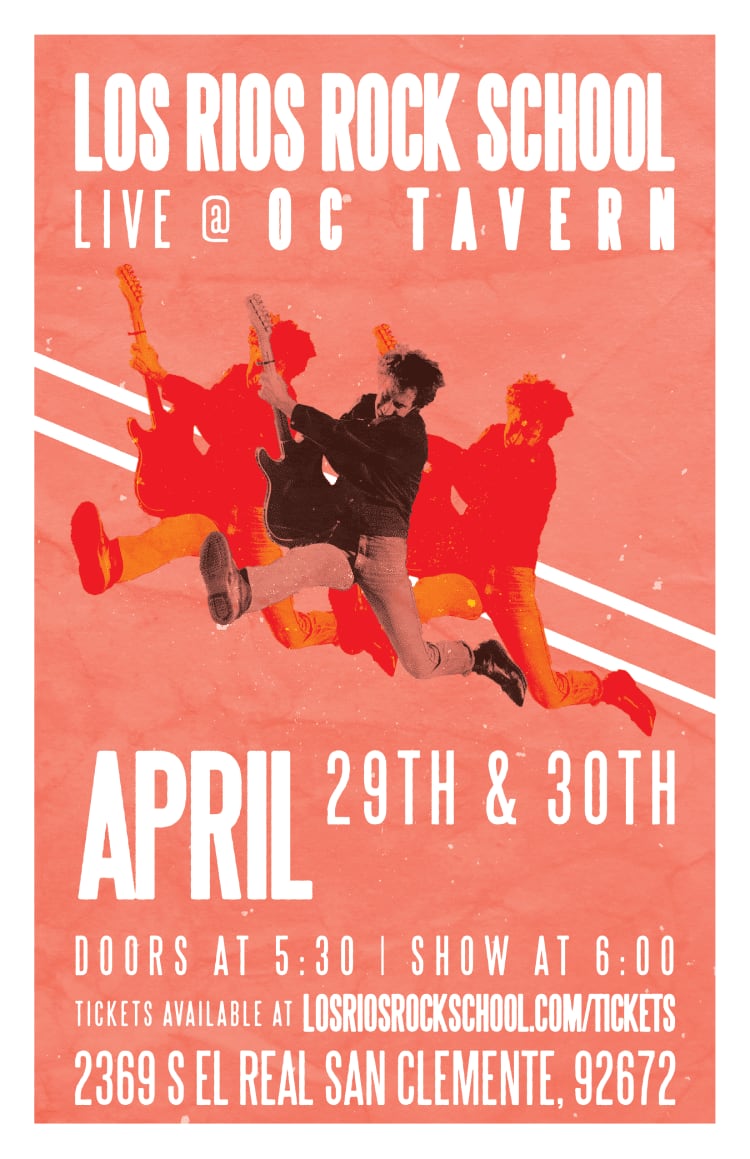 Concert poster: coral riso-style print of three guitarists mid-jump, duplicated in red and orange