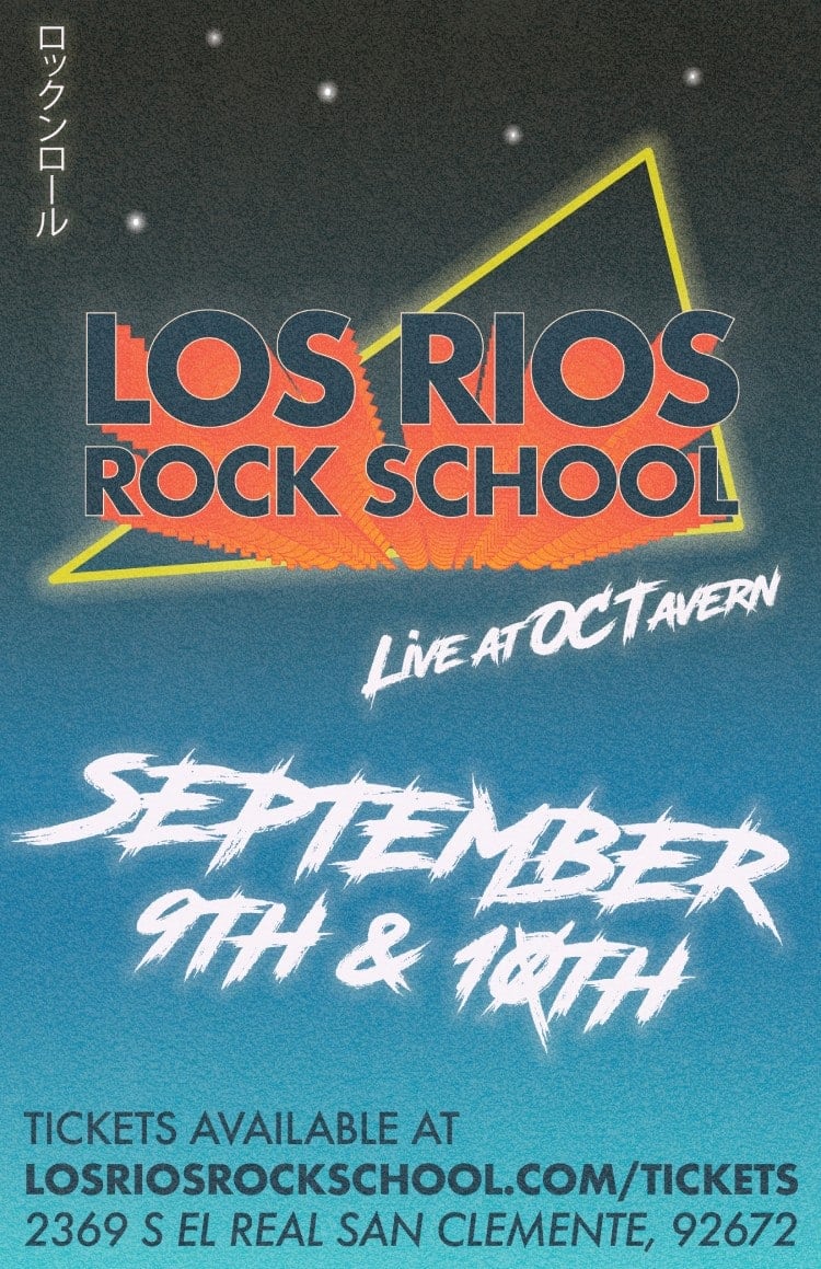 Concert poster: a grainy night-sky gradient with a neon yellow triangle, orange starburst and brush-drawn date lettering