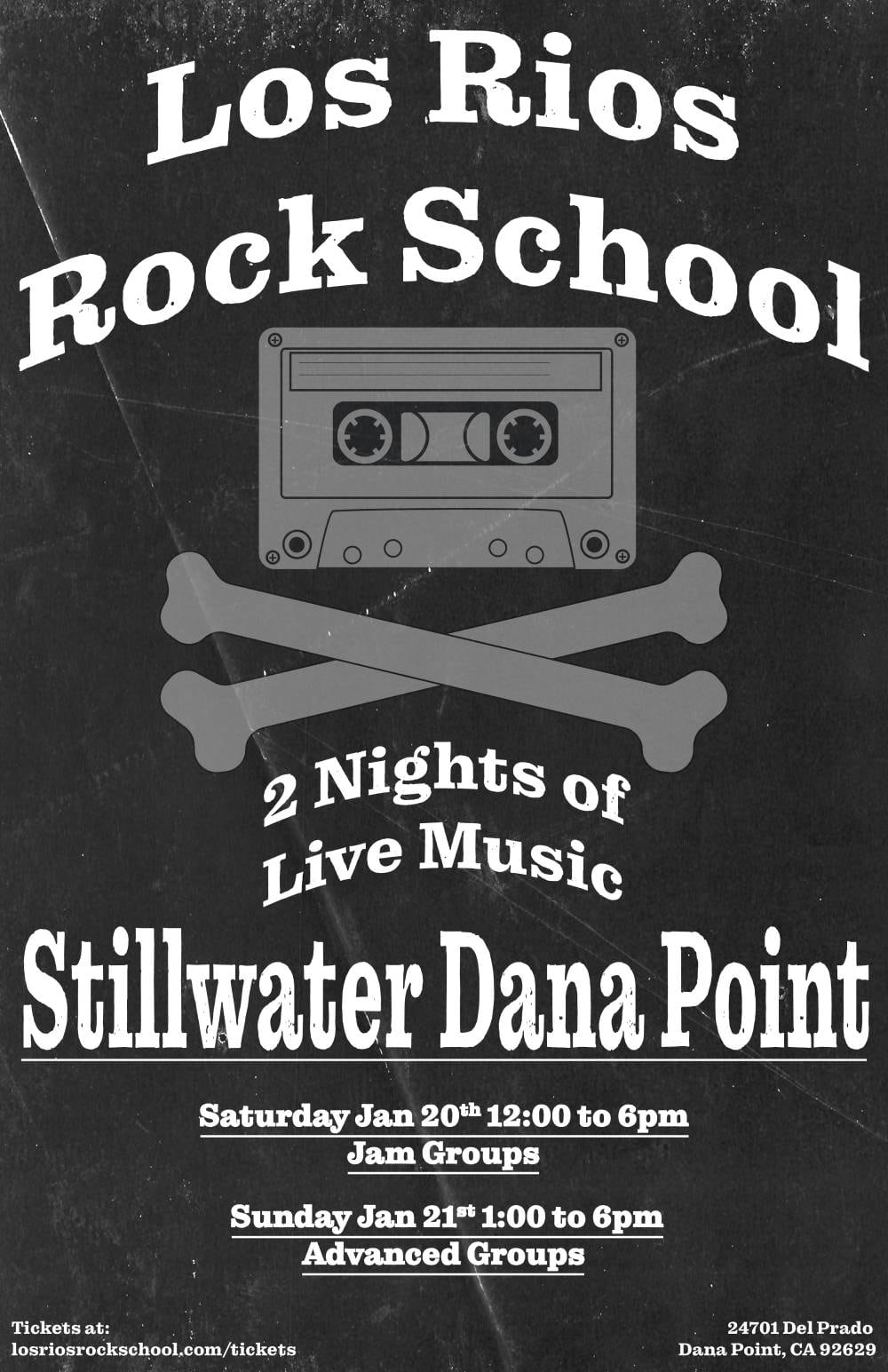 Concert poster: a photocopied-looking cassette over crossed bones on scuffed black, with western slab lettering