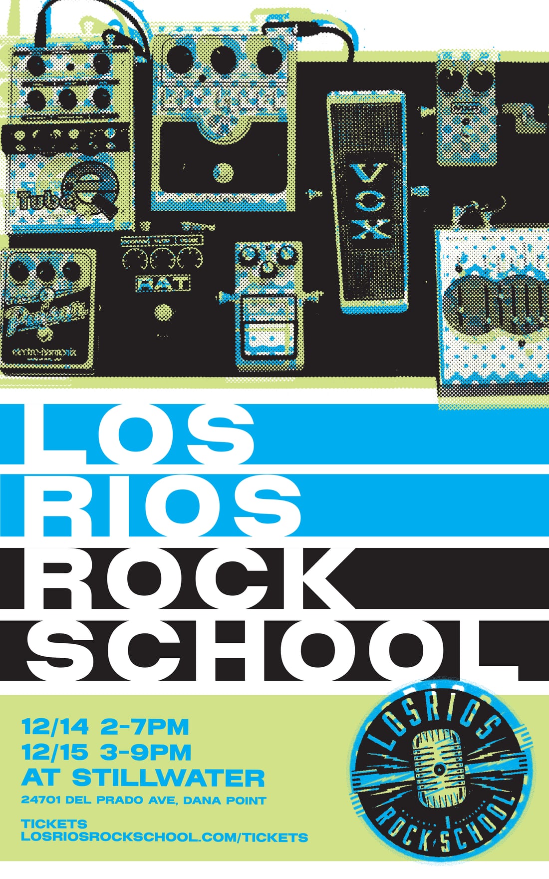 Concert poster: a halftone screenprint of a guitar pedalboard in cyan, lime and black above heavy grotesque lettering