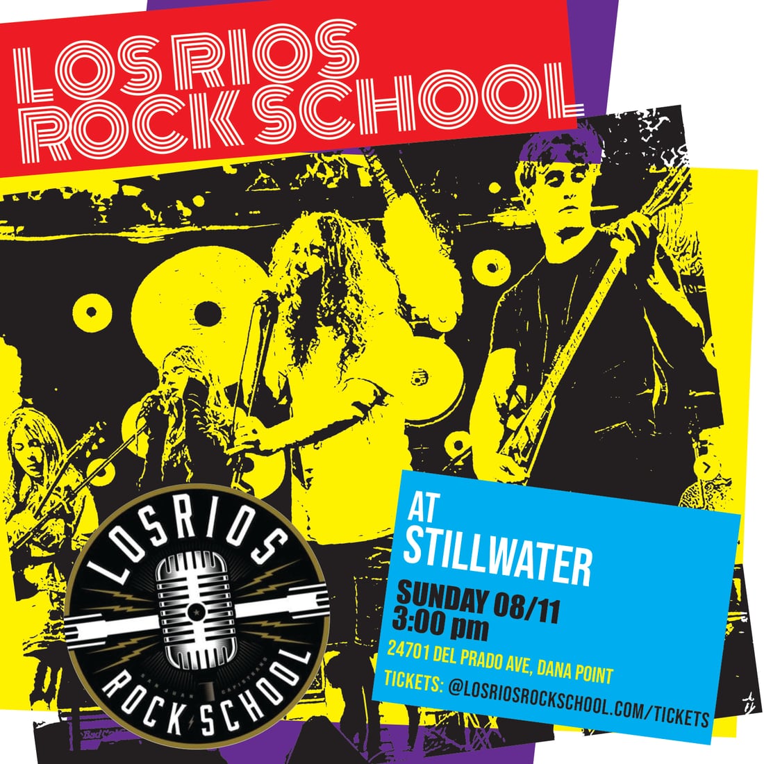Concert poster: a high-contrast pop-art photograph of a student band posterised in yellow, red, blue and purple
