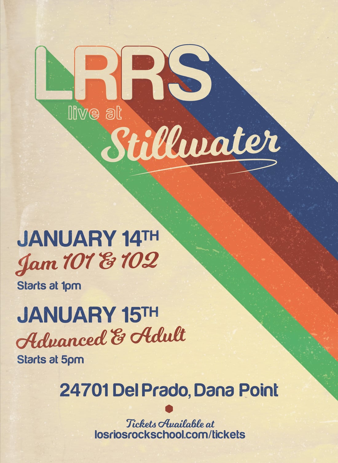 Concert poster: cream stock with a green, orange, red and blue diagonal stripe sweeping behind a script wordmark