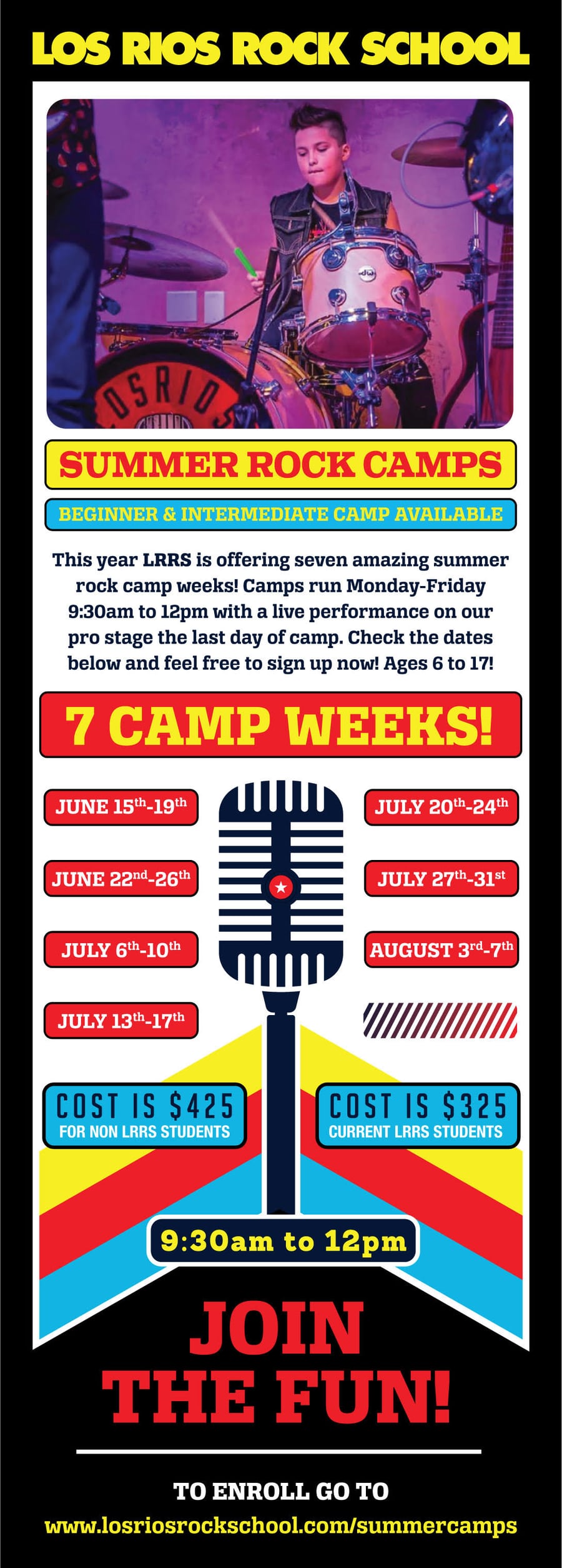 Los Rios summer camp flyer listing seven camp weeks with their dates around a large ribbon microphone illustration