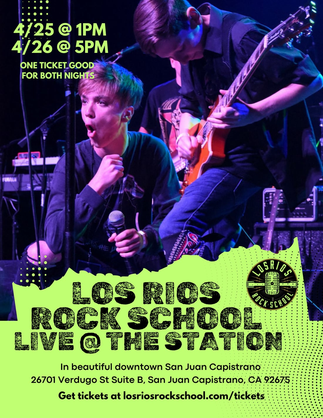 Concert poster: a neon-green and purple stage photograph of a young singer and guitarist, over a torn halftone band